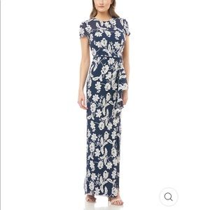 JS COLLECTIONS | Metallic Silver Embroidered Navy Evening Dress Size 12